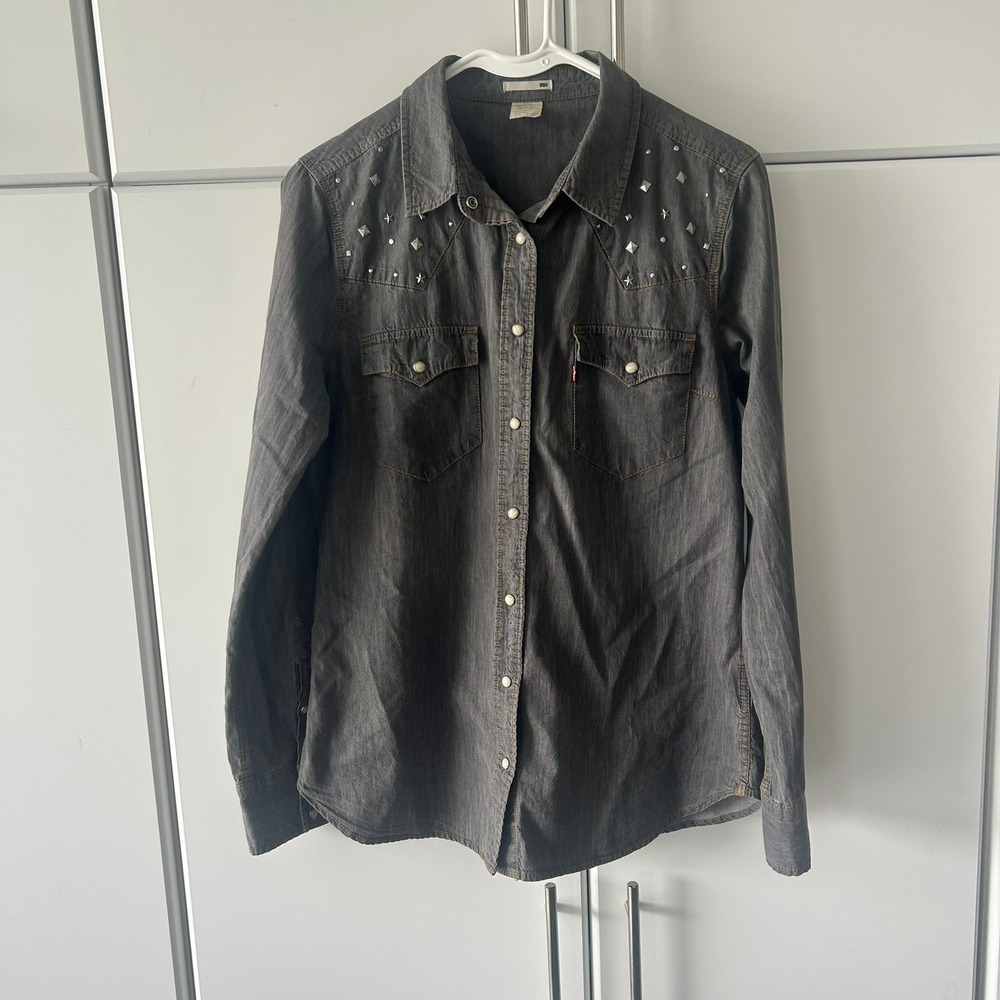 Levis Womens Gray Studded Star Western Pearl Snap Denim Shirt Large B138